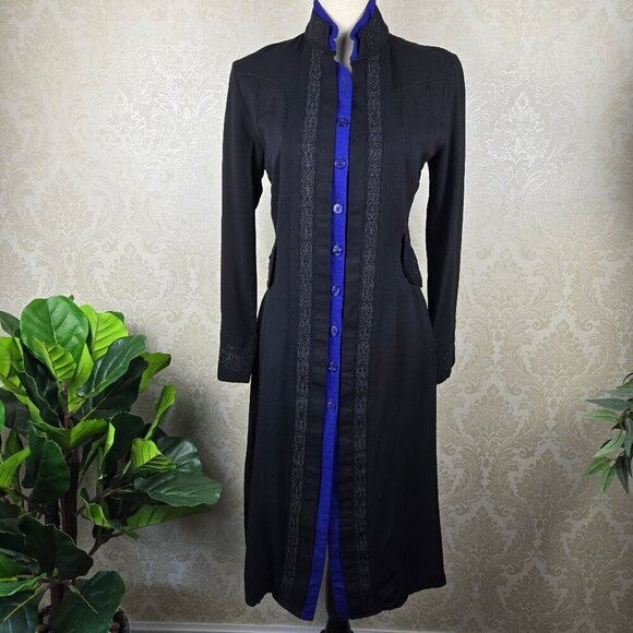 Parisian Size Med/Lg Black Cobalt Blue Coat Dress Embroidery Details Long Slv - Picture 1 of 16